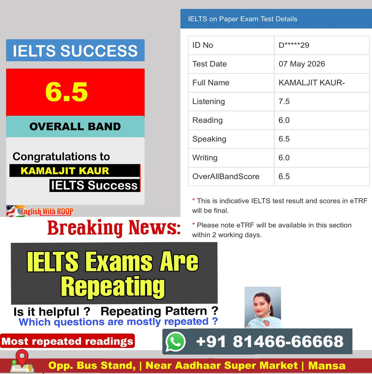 Kamaljit Kaur IELTS Result | 6.5 Bands Achievement